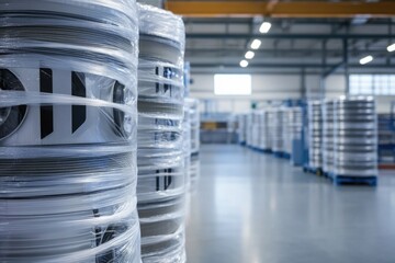 Poster - Warehouse storage area filled with rolls of plastic materials