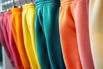 Poster - Pants with vibrant colors and patterns hanging on a rack, great for fashion or storage concepts