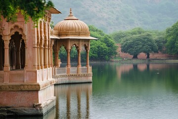 Poster - A gazebo situated on the shore of a serene lake, surrounded by a dense forest