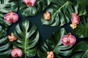 Poster - Close-up of pink flowers growing on a bunch of green leaves