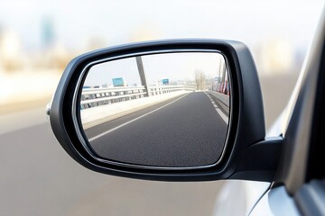 Poster - A car's side view mirror on the side of the road, great for use in travel or automotive context