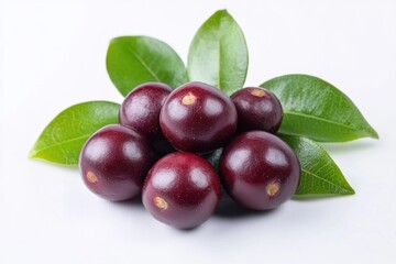 Poster - A close-up view of a variety of berries with leaves on a white background, suitable for use in food or nature-themed designs