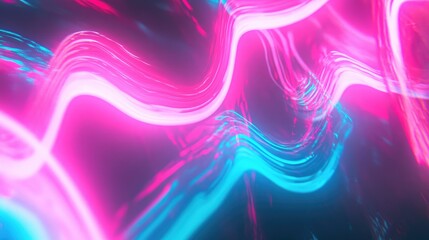 Poster - Blurred neon light trails of pink and blue forming an abstract wave effect.