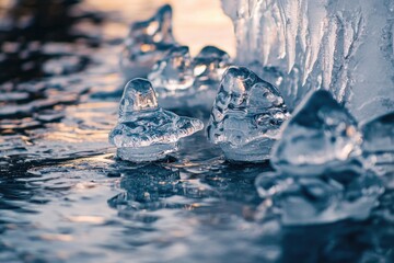 Sticker - Frozen ice cubes resting on a small pool of water, suitable for use in illustrations about climate change or refreshing drinks