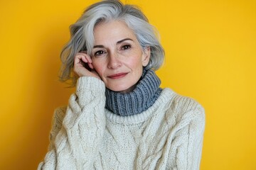 Wall Mural - A portrait of an older woman with gray hair wearing a simple white sweater, possibly for everyday use or as part of a casual outfit