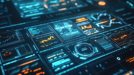 Poster - Business intelligence concept with glowing data analytics charts and futuristic digital interfaces.