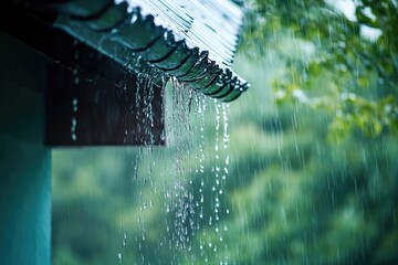 Poster - Close-up of a roof with rain falling from above, suitable for use in weather or architecture-themed projects