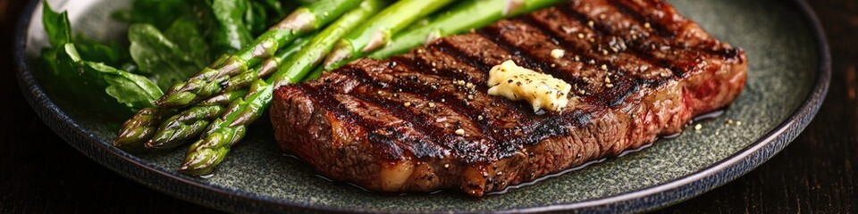 Aufkleber - Freshly cooked steak served with steamed asparagus
