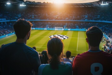 Poster - A group of people cheering and watching a soccer game, possibly at a stadium or park