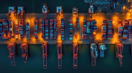 Poster - Cargo shipping lanes illuminating a high-tech world map, international trade routes, logistics network, and supply chain visualization