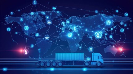 Poster - Cargo shipping lanes illuminating a high-tech world map, international trade routes, logistics network, and supply chain visualization