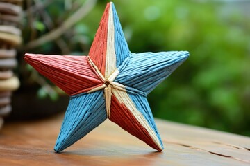 Poster - A folded paper star in red, white, and blue colors placed on a flat surface