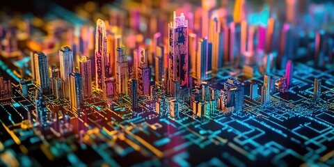 Wall Mural - A detailed view of a city landscape on a computer motherboard