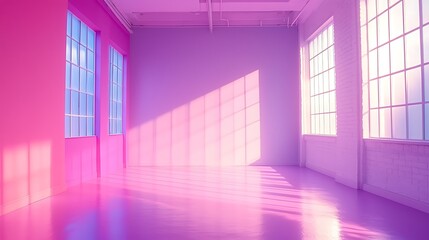 Wall Mural - Pink studio room, sunlit floor, large windows, empty space, product backdrop