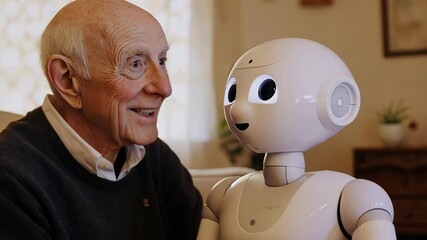 Poster - An elderly man is smiling at a robot. The robot is smiling back at him. The scene is lighthearted and friendly