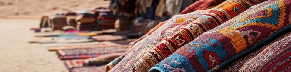 Poster - A collection of vibrant and patterned rugs are showcased in a store, perfect for interior design inspiration or decorating ideas