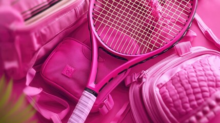 Poster - A pink tennis racket sits atop a matching pink bag, ready for play