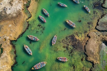Poster - A group of boats on calm waters, suitable for use in travel or recreation themed projects