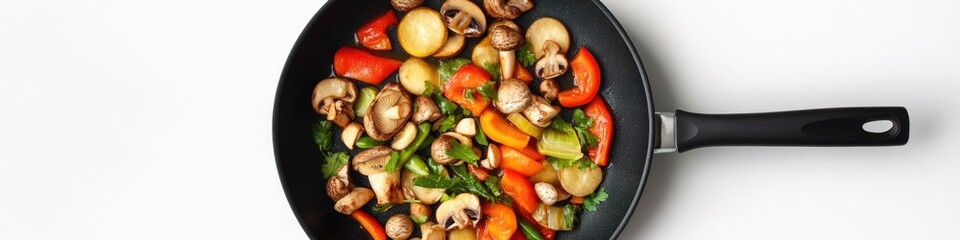 Poster - A close-up shot of a skillet filled with mixed vegetables and mushrooms, ready for cooking