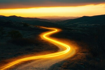 Sticker - A winding road in the desert at sunset with a warm orange glow