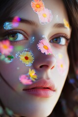 Wall Mural - Close-up of a woman's face with colorful flowers painted on her skin, a unique and creative look