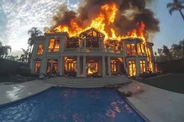 Poster - A house engulfed in flames with a pool in the foreground, conveying a sense of urgency and chaos