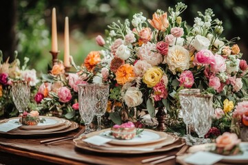 Aufkleber - A simple dinner setting featuring a wooden table, plates, and glasses
