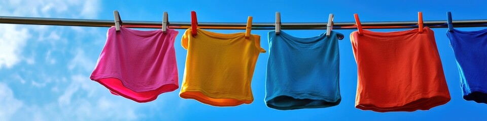 Poster - A row of brightly colored shirts hang drying on a clothesline
