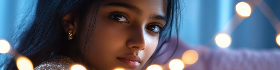 Aufkleber - A young girl holds a lit candle, the soft glow illuminating her face