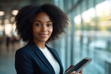 Poster - a professional woman holds a tablet computer, ready to work or connect
