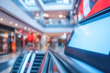 Poster - A person's laptop sits at the top of an escalator, perhaps forgotten or abandoned