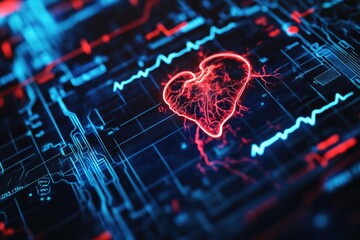  - A small red heart is mounted on a blue electronic circuit board, symbolizing love and technology