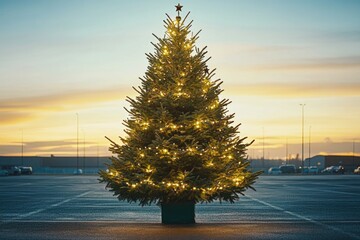 Aufkleber - A festive lighted Christmas tree stands in a parking lot, surrounded by cars and people