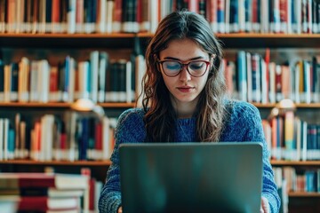Poster - A woman sits in front of a laptop, focused on her work