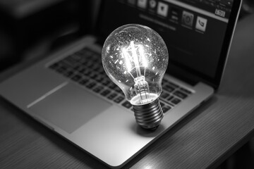 Poster - A light bulb sits on top of a laptop computer, a bright idea sparks creativity
