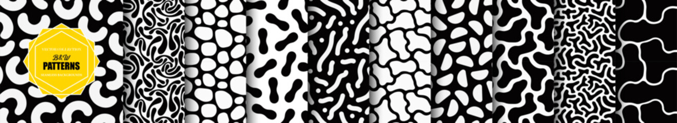 Aufkleber - Collection of black and white seamless patterns with abstract shapes. Creative spots textures - monochrome backgrounds. Endless textile trendy prints