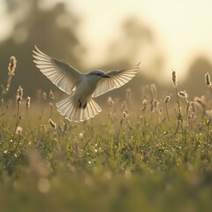 a white bird with outstretched wings is captured mid-flight over a field of tall grass, with a warm,