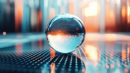 Poster - Captivating Glass Sphere Reflecting City Lights in a Modern Business Environment