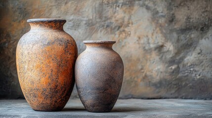 Poster - Realistic pottery still life composition with two ancient textured vases on a rustic background