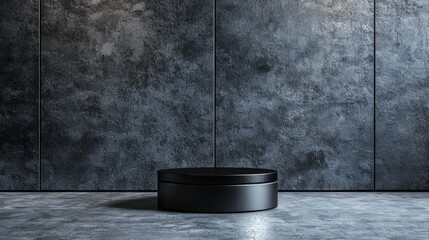 Poster - Realistic Photography of a Black Round Platform Against a Textured Gray Wall with Subtle Lighting Effects
