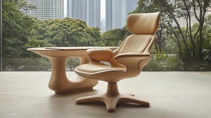 Poster - Modern beige leather office chair with wooden base and matching desk, overlooking a city skyline.