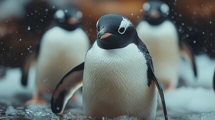 Wall Mural - close-up of a curious gentoo penguin standing in shallow water, with other penguins blurred in the b