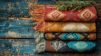 Poster - Colorful Textiles with Traditional Patterns on Rustic Wooden Surface in Realistic Photography Style