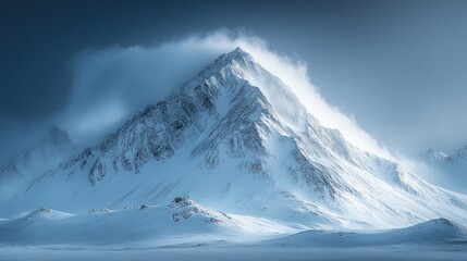 Wall Mural - majestic snow-covered mountain peak with windswept clouds, dramatic lighting, and a serene winter la