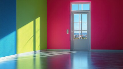 Poster - Empty room with colorful walls, window, and shiny floor.