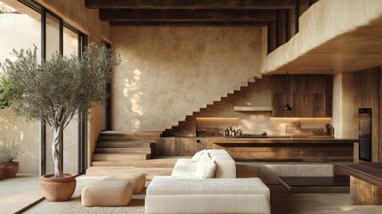 Poster - Modern minimalist living room with wooden stairs, earthy tones, and olive tree.