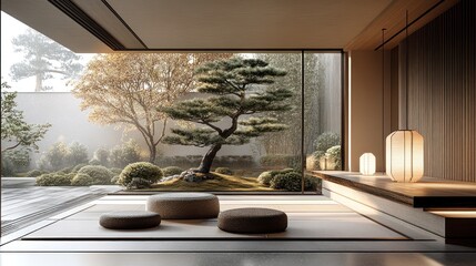 Poster - Serene minimalist living room with large window showcasing a Japanese garden.