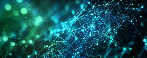 Fototapete - Abstract Network Digital nodes connect in glowing bokeh background