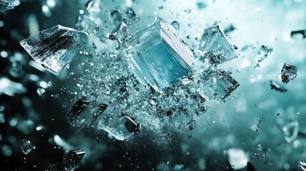 Poster - Dynamic explosion of ice shards in a luminous blue environment captured in slow motion