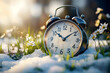 © Prasanth - Spring forward. Time change in spring. Daylight saving time. Vintage alarm clock with melted snow, fresh green grass, and tiny spring flowers. Clock turn forward one hour in spring